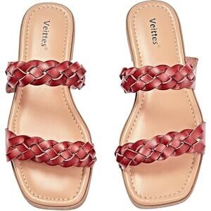 Veittes Womens Size 9.5 Brown Faux Leather Braided Strap Flat Slide Sandal Shoes
